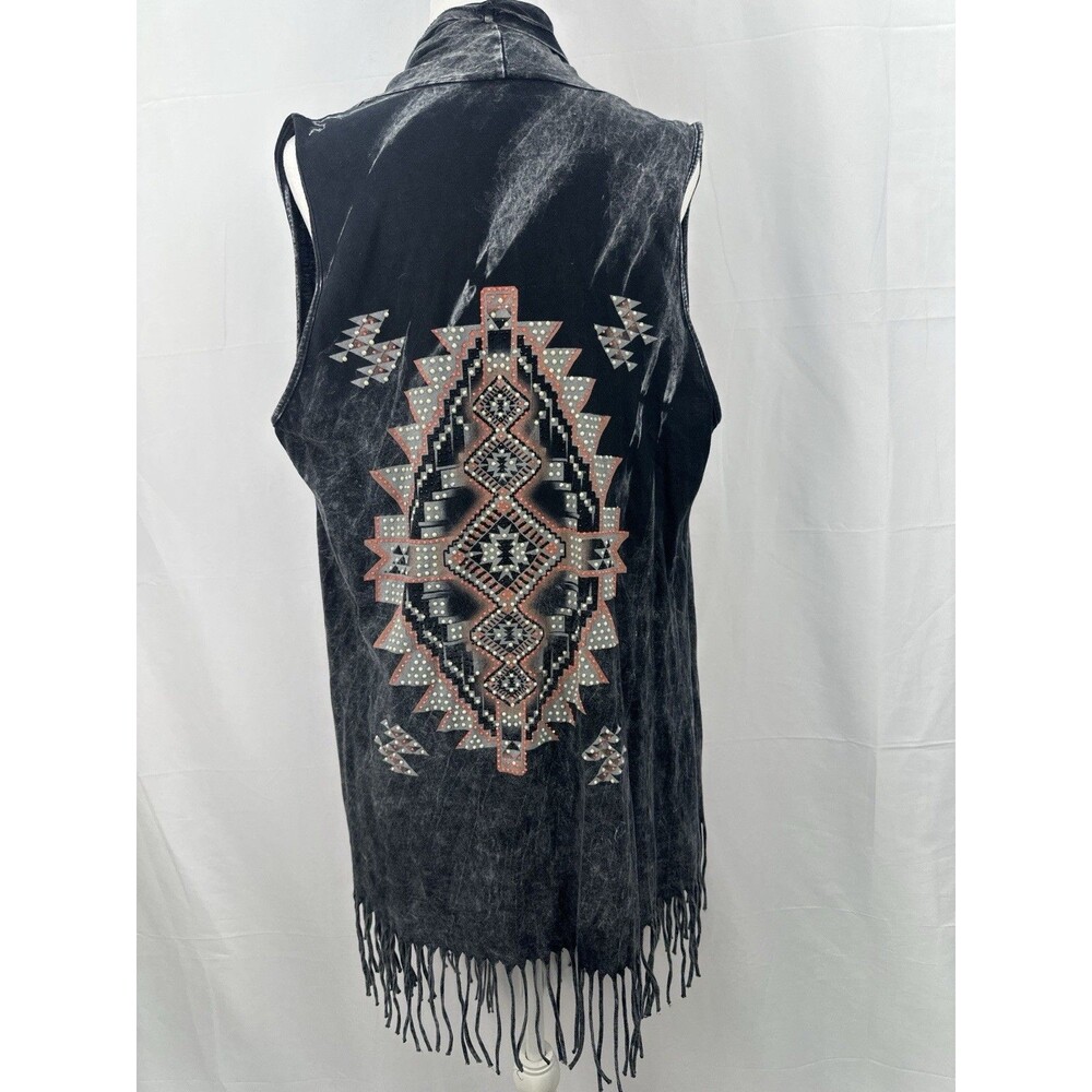 Vocal Black Mineral Wash Aztec Fringe Drape Vest Boho Western/southwest Sz XL - Picture 3 of 10
